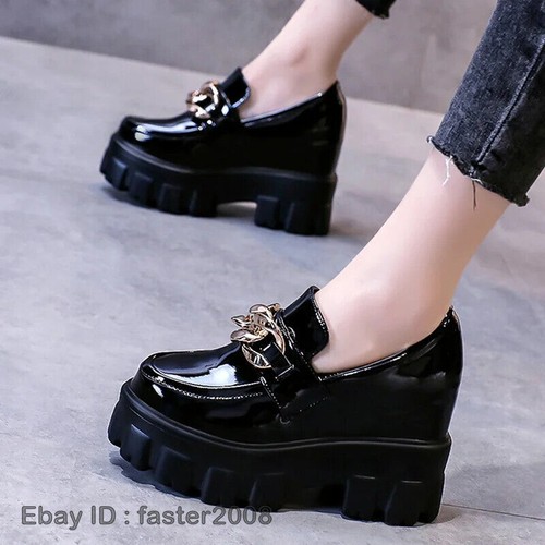 Mujeres Punk Mocasines Tacones Altos Plataforma Informal Imitación Cuero Cuña Zapatos Sin Cordones - Imagen 16 de 20