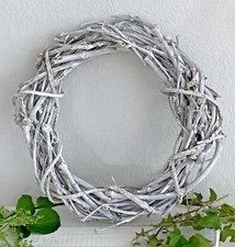 Shabby dicker Kranz Rebe  Weide  Rattan  Türkranz,  Grau -Weiß gekälkt, Ø: 35 cm