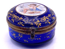 Antique blue glass hand painted powder jar Cherub scene gilt glass cracked lid
