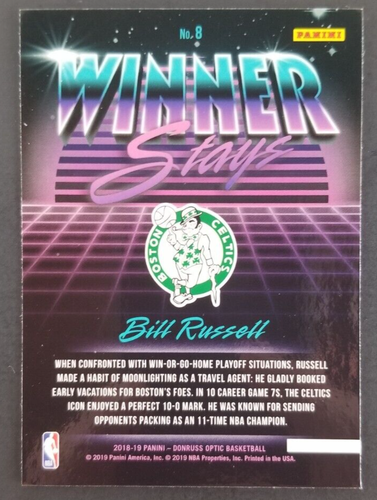 Tarjeta de baloncesto Bill Russell 2019 Panini Optic Winner Stays #8 (nuevo) - Imagen 2 de 2