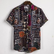 Men's Youth Fashion Ethnic Printed Linen Cotton Short Sleeves Hawaii Shirt 