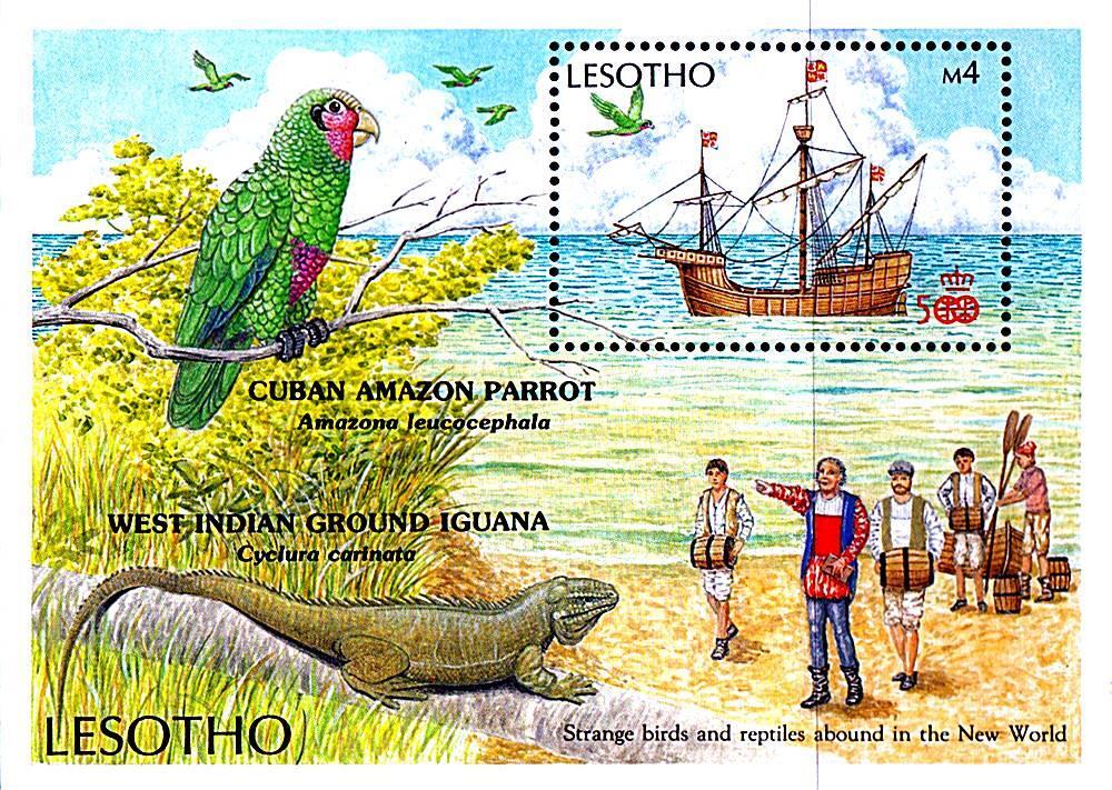 LESOTHO 1987 COLUMBUS DISCOVERIES S/S MNH BIRDS PARROTS, SHIPS 💲FREE SHIPPING💲
