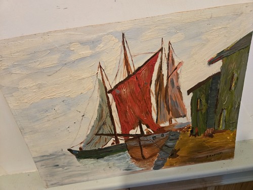 Vintage Oil on Board Boats in the harbor Original S. Kosinski 1960s - Picture 10 of 16