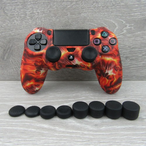 Calaveras llameantes con agarre de silicona + (8) tapas antideslizantes para múltiples pulgares para controlador PS4  - Imagen 2 de 7