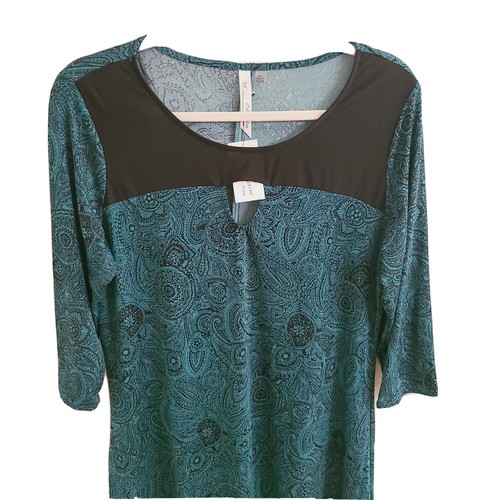 Ny Collection Green & Black Scoop Neck 3/4 Sleeve Stretch Dress sz Petite L New - Picture 2 of 6