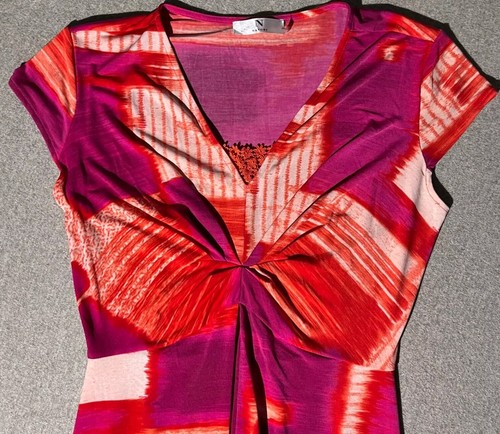Natori Dress Women’s Size Small Red Orange Abstract Midi Twist Front Stretch - Picture 3 of 8