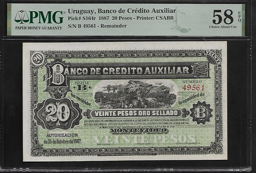 Uruguay 20 Pesos 1887 PMG 58 EPQ Pick # S164r Banco de Credito Auxiliar