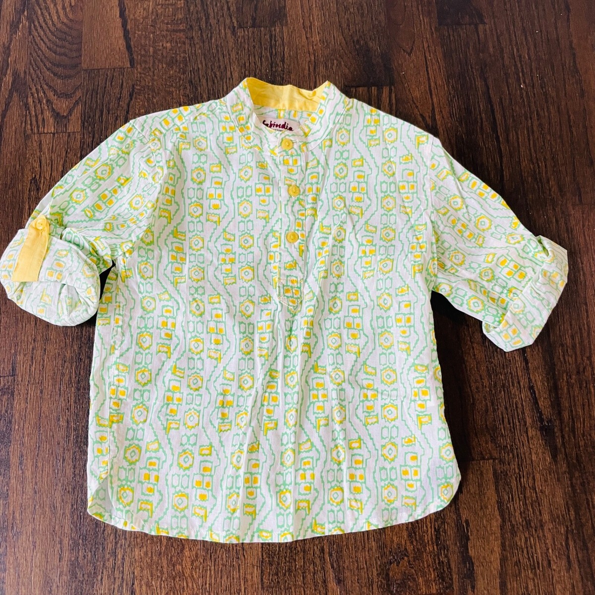 FabIndia Boys Size 4-5 Toddler Yellow, Green White Indian Short Kurta