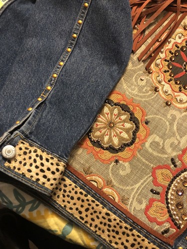Vintage Western Fringe Leather Jacket Coat Denim Cowgirl Custom Hippie Boho XL - Picture 14 of 14