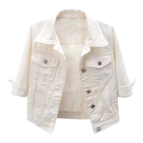 Chaqueta de mezclilla corta de manga 3/4 para mujer abrigos de jean recortados elásticos - Imagen 40 de 57
