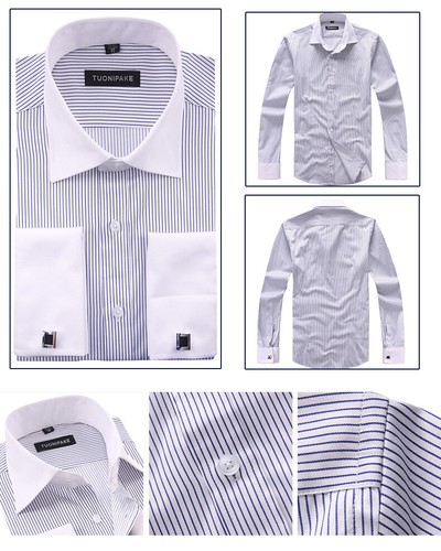 Mens French Cuff Shirts Striped Formal Business Double Cuffs Wedding Shirts Tops - Picture 12 of 17