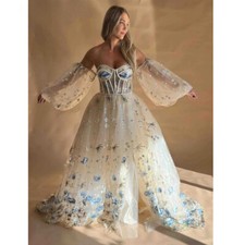 Princess Flower Lace A-line Wedding Dresses Gorgeous Puffy Sleeve Sweetheart