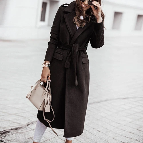 Women Trench Jacket Winter Long Windproof Lapel Belted Overcoat Outwear Coat - Bild 11 von 20