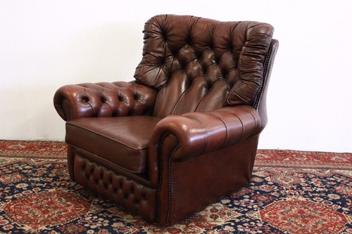 Poltrona chesterfield chester bergere alta inglese pelle marrone brown original - Foto 2 di 12