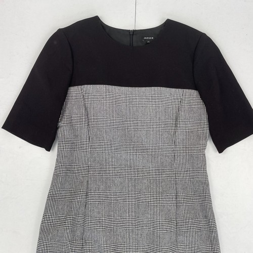 Jaeger Dress 12 Black Grey Check Short Sleeve Midi Wool Blend - Picture 2 of 10