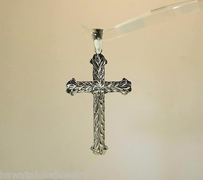 26mm MASSIVER 925 Silber handgravierter Hawaii Royal Maile Plumeria Kreuz Anhänger