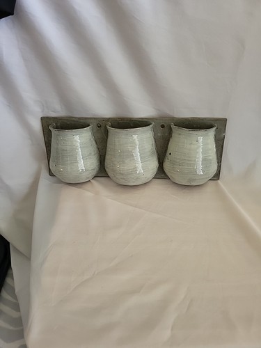 Planter Triple Ceramic Studio Pottery Hand Made Blue/Gray Glossy W/Drainage - Picture 2 of 17