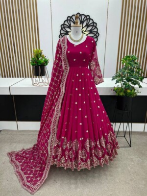 Presenting Faux Georgette Pink Color Gown With Dupatta For Indian Wedding |  eBay