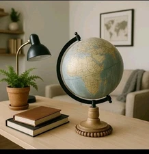 Decorative Globe Mint Blue Green Vintage Style Wood Stand Rustic Home Decor