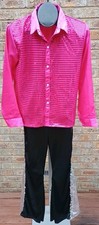 Girls Dance Outfit Retro Rock Disco Costume Shiny Shirt Flared Pants L Pink