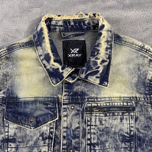 XRAY Jeans Jacke Herren M Blau Acid Wash Grunge Distressed Knopfleiste Denim Biker - Bild 4 von 14