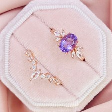 Natural Oval Cut Amethyst 925 Sterling Silver Ring Band Art Deco Set For Women