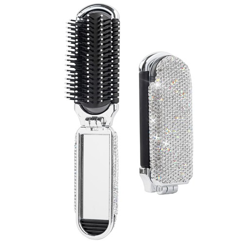 , Rhinestone Travel Hair Brush with Mirror Crystal Portable Folding Pocket Sp...