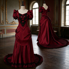 Burgundy Satin Victorian Gowns Puff Sleeve Black Lace Long Train Party Dresses