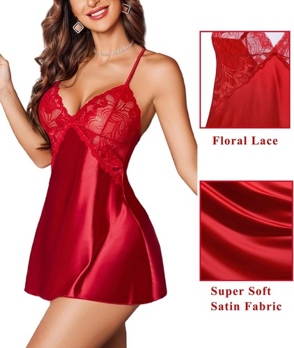 Avidlove Damen-Dessous V-Ausschnitt Nachtwäsche Satin Nachtwäsche Spitze Small, A rot - Bild 2 von 8