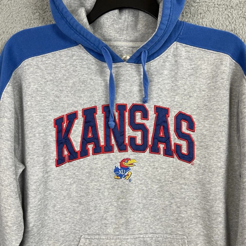 KU Jayhawks Hoodie Sweatshirt Adult Medium Gray Blue Kansas Spellout Distressed - Image 4 of 4