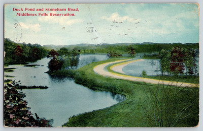 Antique Postcard~ Duck Pond & Stoneham Road~ Middlesex Fells Reservation, MA