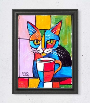 Original Modern Cubist 9x12 Acrylic Cat Painting Pop Wall Art Home Decor Canvas
