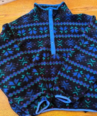Vintage LL Bean Pullover Fleece Mens L-XL Sweater Snap 90s Geometric Fair Isle