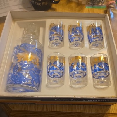 Vtg MCM Luminarc France Blue & Gold Leaf Pattern Cordial Decanter & 6 Glass Set 