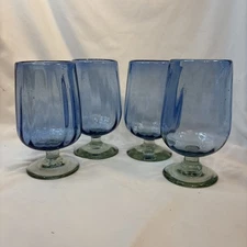 Set Of 4 Blue Heavy Mexican Blown Glass Goblets 6 1/4” Tall