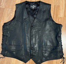 River Road Black Genuine Leather Motorcycle Vest Side Laces Zippered Front Sz 60