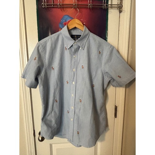Ralph Lauren Classic Fit Blue Short Sleeve L Button Down Shirt Pony Logo AOP - Picture 3 of 5