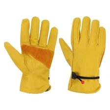 Leather Work Gloves, Cowhide Working Gloves Garden Glove , Yellow-XL, Pair of 2
