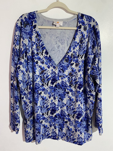 Quacker Factory Cardigan 2X Blue Floral Buttons Sequin Easter Cottagecore - Picture 1 of 9