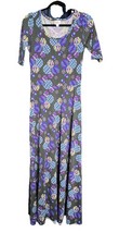 LuLaRoe Ana Maxi Dress Sz Medium Geometric Circle Gray Purple Fit & Flare Casual