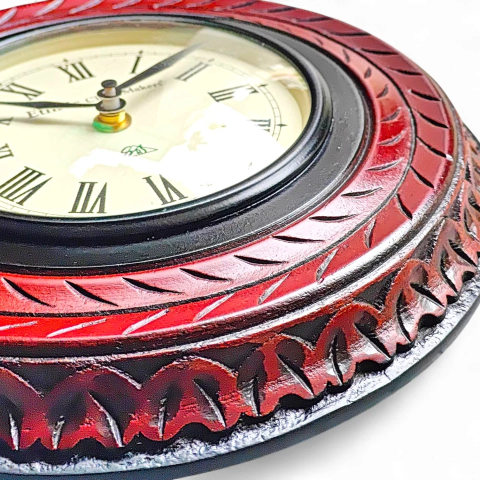 Indian Handcarving Wall Clock 10 Inch Vintage Decorative Wooden Round Wall Clock - Image 3 of 4