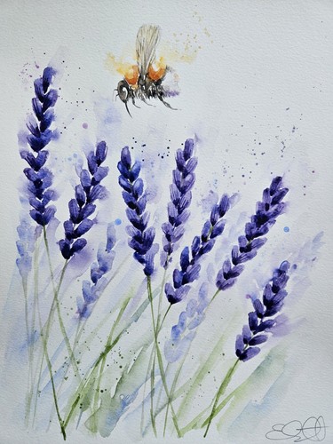 Large New original signed watercolour painting by Elle Smith Art. Bee & Lavender - Picture 8 of 8
