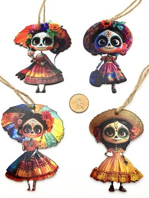 Dia De Los Muertos-Day Of The Dead Flat Wooden Ornaments Lot Of 4 Dolls