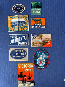 VINTAGE EUROPEAN HOTEL LUGGAGE STICKERS (9) VENICE ROME PARIS LONDON BRUSSELS