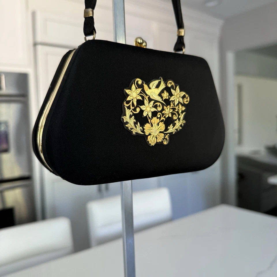 Vtg  Minaudiere 60's Black Gold  Floral Metal Compact Kiss-lock Box Evening Bag - Image 2 of 4