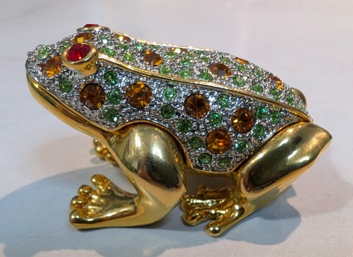 Vintage Bejeweled Frog Trinket Box Hinged Toad Gold Green Amber Crystal Jewel
