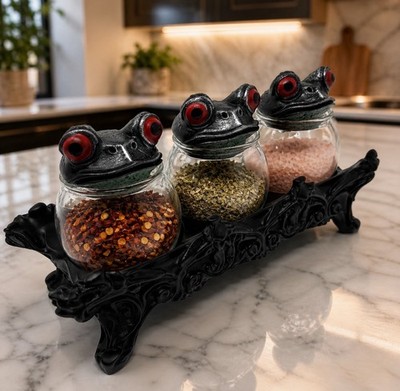 Gothic Frog Spice Jar Set 3 Apothecary Jars Ornate Black Stand Boho Kitchen New