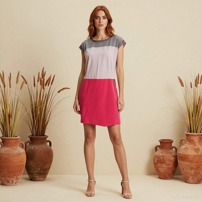 Karen Millen Abend Mod Knielang Kleid Mehrfarbig Farbblock Kurzarm Gr. 40