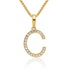 10K Solid Yellow Gold Diamond Letter C Initial Necklace