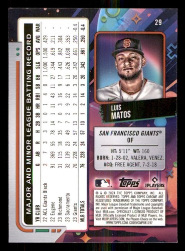 2024 Topps Cosmic Chrome #29 Luis Matos RC - Picture 2 of 2